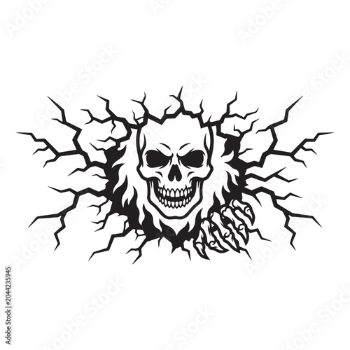 Scary skull and skeleton hand breaking through a wall