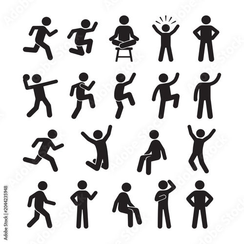 Set of stick figure people doing various daily activities