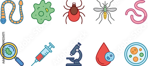 Photos Microscopic organisms and medical research instruments displayed with clean flat