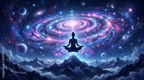 Astral meditation silhouette floating before galactic vortex with meditation © LineArtColoring