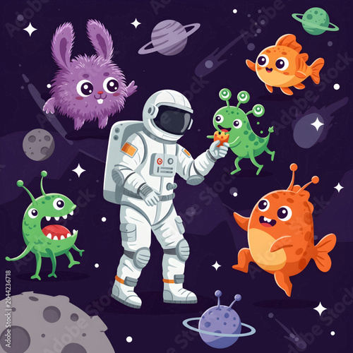 Vászonkép Astronaut interacting with friendly aliens in outer space.