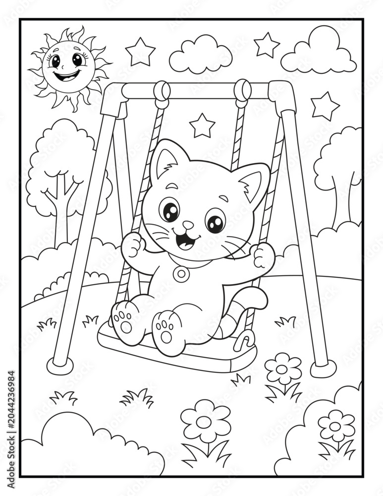 Fototapeta premium Happy Little Cat Enjoying a Swing Ride at the Playground Coloring Page for Kids. Printable Cartoon Animal Line Art Illustration for Children.
