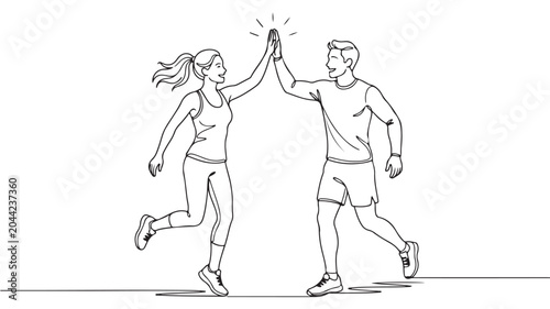 Minimalist line art of a man and woman jogging and giving a high five, athletic couple running together, continuous line style fitness vector
