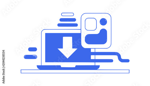 Laptop download icon with progress bar, digital data transfer, online storage concept