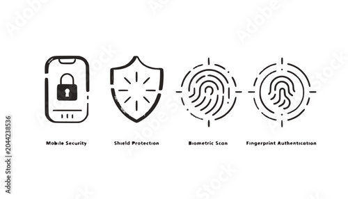 Cyber Security Icons: Mobile, Shield, Biometric, Fingerprint Authentication