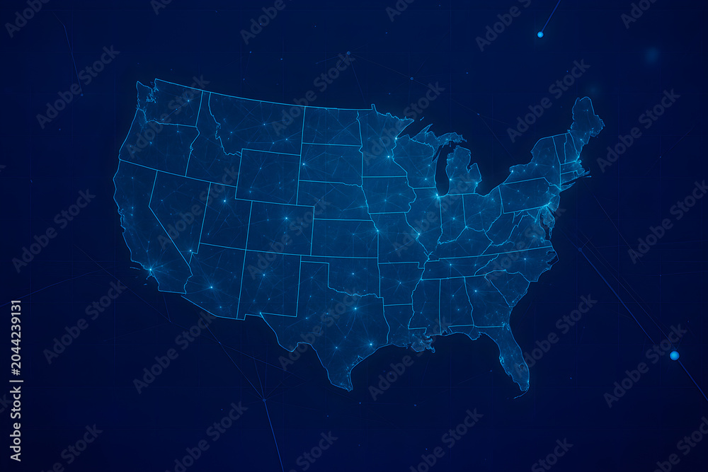 Obraz premium USA Technology Network Map in Modern Futuristic Style Featuring Digital Infrastructure, Innovation Hubs and Nationwide Connectivity Visualization