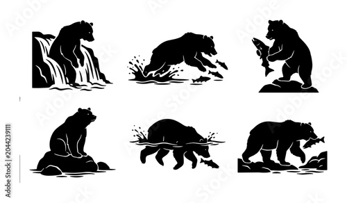 Photography Bear Silhouettes Vector Set: Wildlife, Nature, Fishing, and Hunting Scenes, Blac