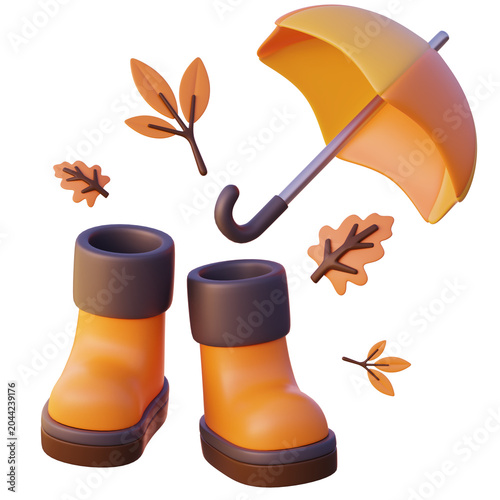 Autumn walk scene with rain boots umbrella and leaves 3D render