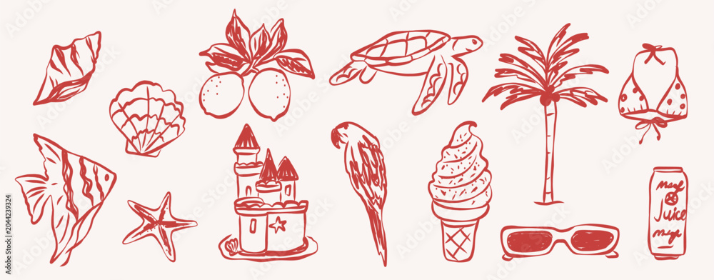 Obraz premium Line art doodle hand drawn beach icons set