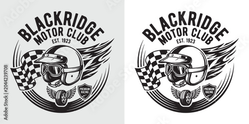Schilderij op canvas Blackridge Motor Club Premium Racing Badge with Flame and Helmet