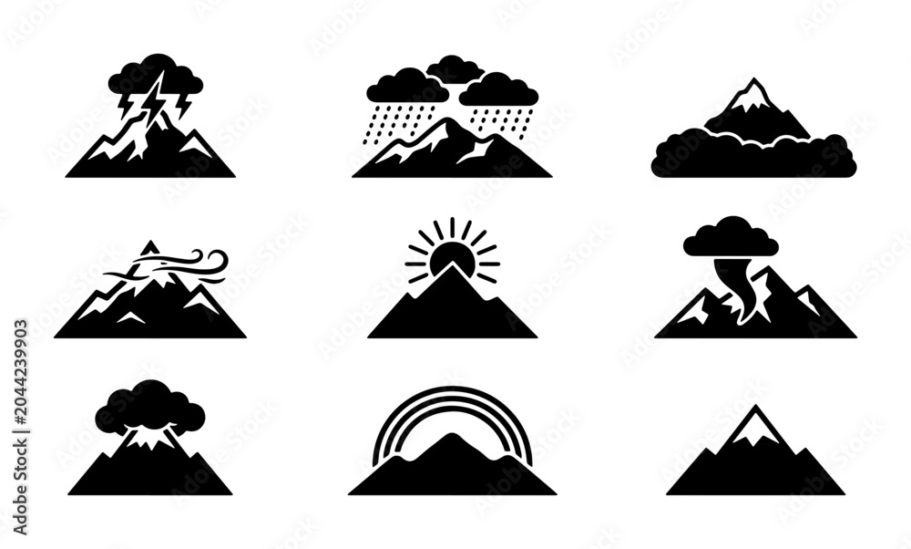 Fototapeta premium Mountain Weather Icons Set, Diverse Natural Phenomena Vector Graphics, Climate Change Symbols, Meteorology Collection, Outdoor Adventure Icons