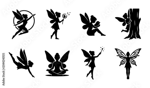 Bilde på lerret Magical Fairy Silhouettes Vector Set, Enchanted Woodland Creatures, Fantasy Spri