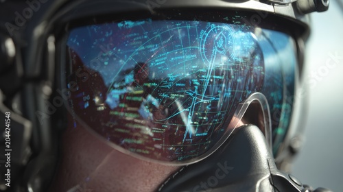 Military pilot in high-tech visor cockpit digital interface modern warfare close-up view futuristic technology