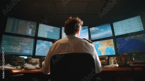 Air traffic control operations airport control tower digital monitoring high-tech environment back view aviation management
