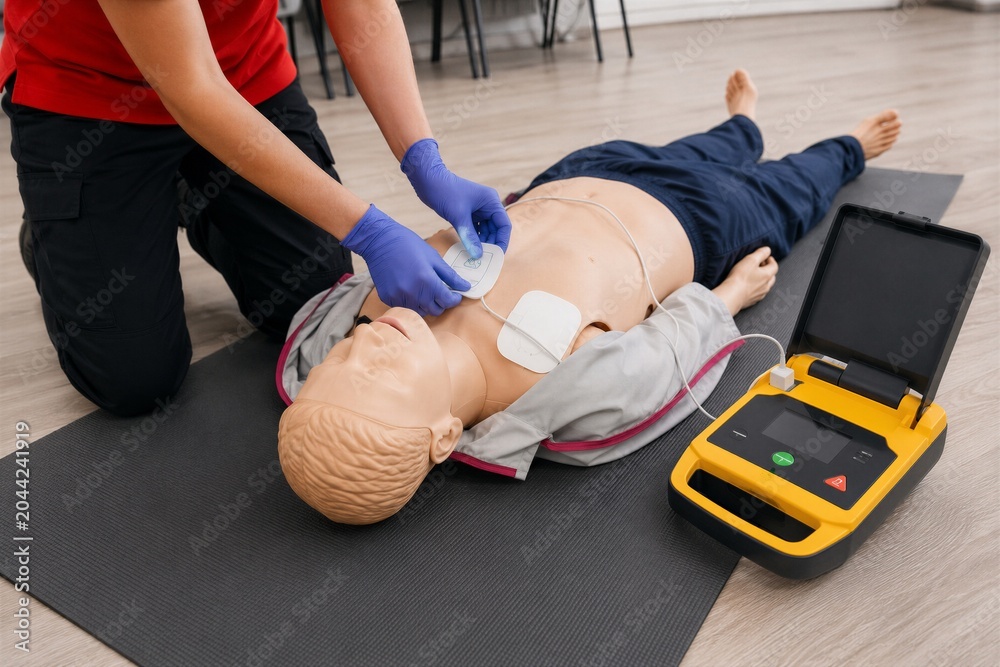 Naklejka premium CPR Training with Defibrillator on Mannequin