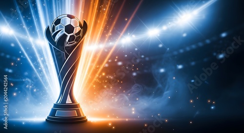 A shiny trophy cup with a soccer ball on top with bright lights and smoke