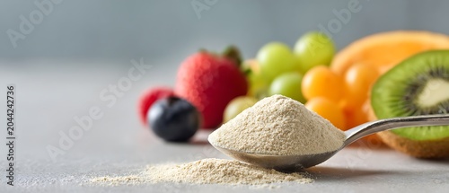 Spoonful of collagen or protein supplement powder with fresh mix fruits on grey background.