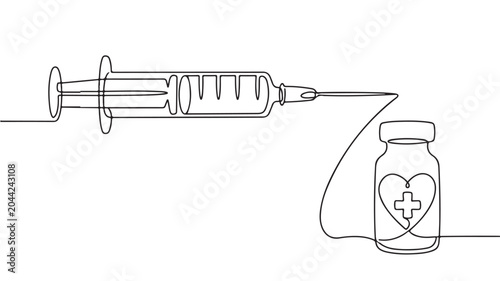 Continuous line drawing of medical syringe and vaccine vial, minimalist medical injection vector, healthcare heart icon with cross on medicine bottle