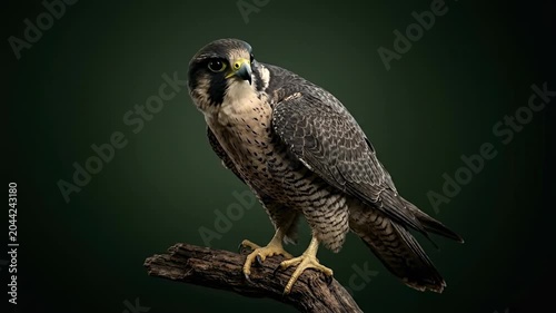 Peregrine Falcon Perched on a Branch With a Dark Background Observing Its Surroundings