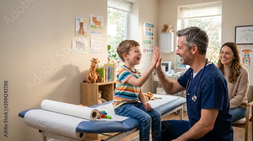 Friendly Pediatrician High Fives Laughing Child in Clinic