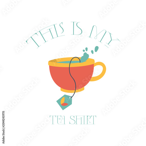 Colorful vector artwork of a red tea cup with a refreshing splash and hanging tea bag. Vibrant graphic design for trendy apparel prints, beverage stickers, and modern kitchen posters.