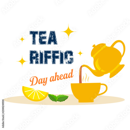 Bright vector design featuring a yellow teapot pouring tea with a fresh lemon slice and stars. Great typography graphic for motivational t-shirts, stickers, and cheerful posters.