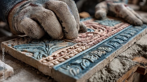 Close Up of Hands Wearing Textured Gloves Working on an Ornate Carved Ceramic Tile