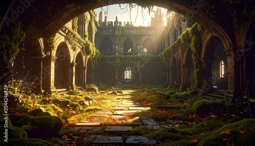 Ancient stone temple ruins covered in vibrant moss and lichen.