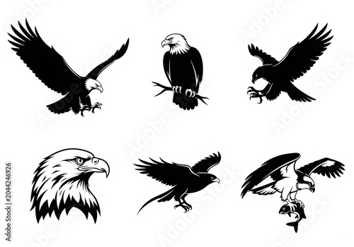 Black and white stylized bird icons in flight and resting isolated on transparent background