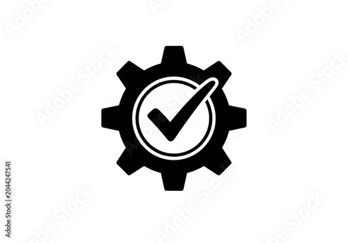 Checkmark inside gear icon symbolizing success or approval isolated on transparent background