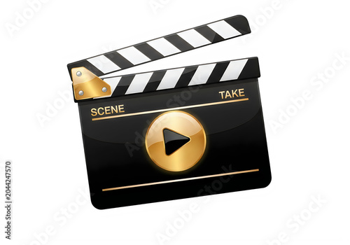 Play button icon on black and white film strip background isolated on transparent background