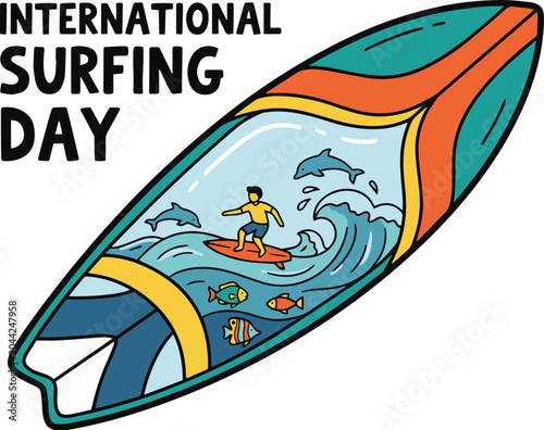 International Surfing Day Hand Drawn Illustration Collection, Colorful Surfing and Ocean Lifestyle Art