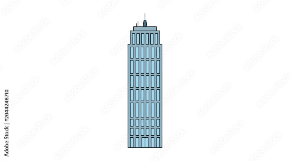 Obraz premium An illustration depicts a tall blue building with many windows standing alone in the city.