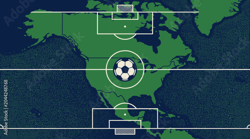 Vintage style vector illustration of a soccer ball on a map of North America representing international football