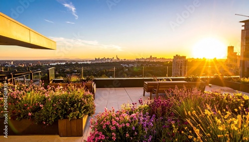 Golden hour view of botanical garden with modern bridge.
