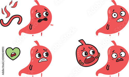 Foto Cute cartoon stomach character emoji icon set representing digestive health issu
