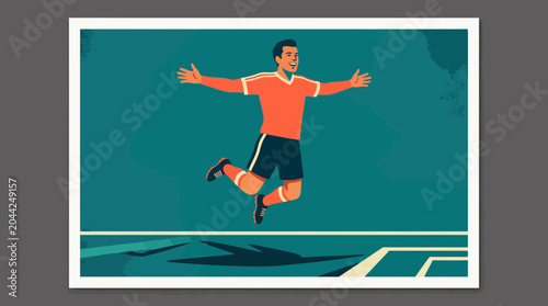 Mid-century retro style vector illustration of a happy soccer player jumping in celebration on a green field background