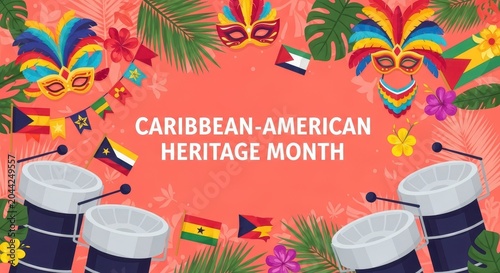 Colorful Caribbean American Heritage Month celebration with cultural symbols and festive decorations