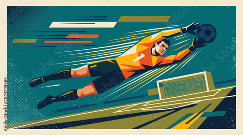 Goalkeeper making a dramatic save in a retro mid-century flat vector style for sports marketing and advertisements