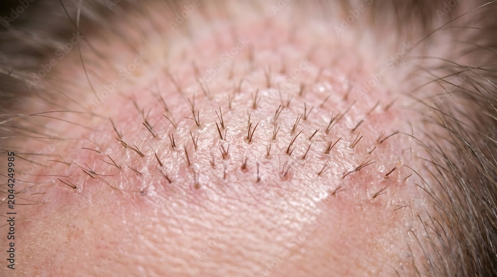 Fototapeta premium Healing Hair Transplant Grafts on Scalp During Recovery Phase