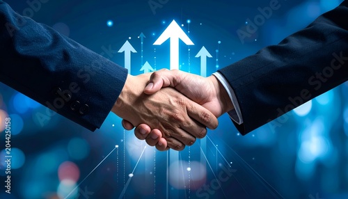Two hands shake firmly, symbolizing trust and progress. Arrows rise upward, suggesting growth