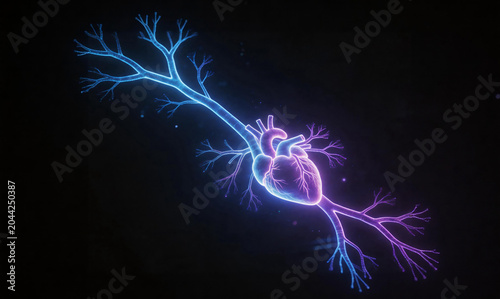 Neon Human Heart with Vascular Network