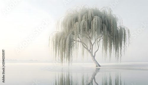Graceful weeping willow tree in serene snowy landscape with minimalist winter mood