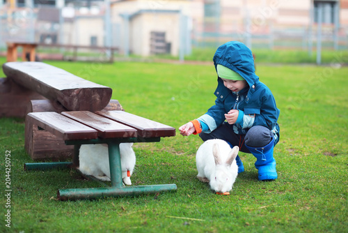 Photography Two little kids, boy and girl, watch animals in the zoo on a cold autumn day