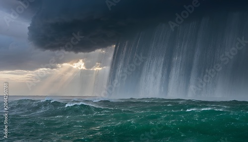 Dramatic Heavy Rainstorm Falling Over Green Coastal Hills with Sunlight Breaking Through Clouds