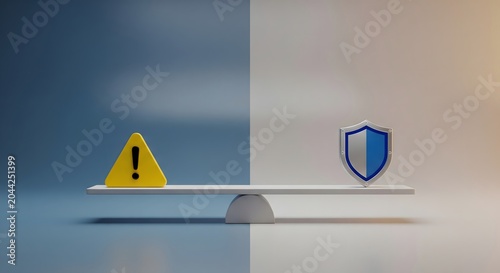 A 3D illustration of an exclamation mark warning sign and a protective shield on a balance scale.
