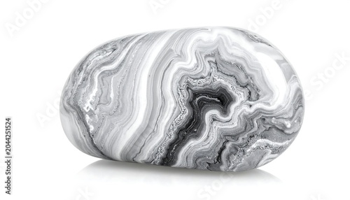 A polished, oval-shaped stone with intricate, swirling patterns of black, white, and gray