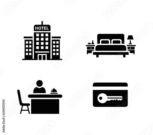 Collection of minimalist vector icons illustrating essential hotel amenities and services, including the main building, a comfortable room, reception desk, and secure key card access