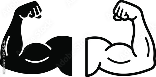 Foto Strong muscular arm flexed bicep black silhouette and line art outline icon vect