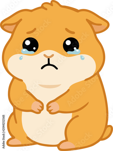 Adorable sad hamster character crying with big watery eyes and tears.